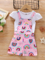 Toddler Girls Puff Sleeve Tee With Rainbow Print Pinafore Shorts