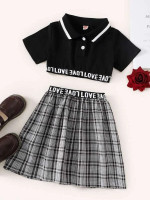 Toddler Girls Striped Trim Letter Tape Polo Neck Crop Tee & Plaid Skirt