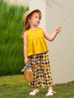 Toddler Girls Ruffle Hem Tank Top & Floral And Gingham Print Pants