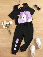 Toddler Girls Cartoon Graphic Hooded Tee & Heart Print Sweatpants
