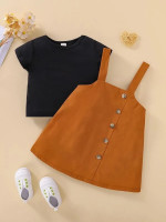 Toddler Girls Solid Tee & Fake Button Overall Dress