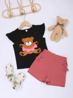 Toddler Girls Cartoon Graphic Butterfly Sleeve Tee With Bow Detail Shorts