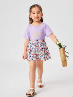 Toddler Girls Letter Graphic Tee & Floral Print Knot Front Skirt