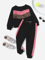 Toddler Girls Leopard Print Color Block Pullover & Tie Front Sweatpants