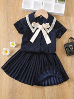 Toddler Girls Lace Detail Press Crease Tie Neck Blouse & Pleated Skirt