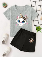 Toddler Girls Leopard & Cartoon Graphic Tee & Shorts