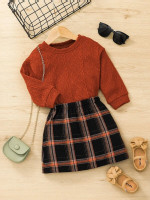 Toddler Girls Cable Textured Pullover & Plaid Skirt