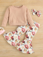 Toddler Girls Solid Sweatshirt & Floral Print Flare Leg Pants & Headband