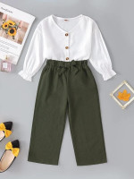 Toddler Girls Button Up Flounce Sleeve Top & Bow Front Pants