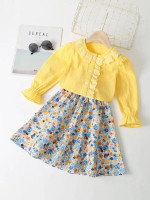 Toddler Girls Eyelet Embroidery Trim Flounce Sleeve Top & Floral Print Skirt