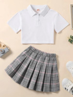 Toddler Girls Polo Neck Tee & Plaid Pleated Skirt