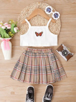 Toddler Girls Butterfly Embroidery Cami Top & Plaid Pleated Skirt