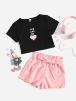Toddler Girls Heart & Letter Graphic Tee & Belted Shorts