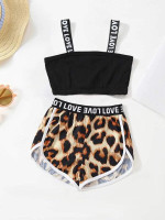 Toddler Girls Contrast Letter Tape Cami Top & Leopard Contrast Binding Shorts