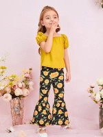 Toddler Girls Off Shoulder Blouse & Sunflower Print Flare Leg Pants