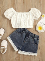 Toddler Girls Guipure Lace Top With Denim Shorts