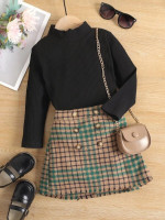 Toddler Girls Mock Neck Ribbed Knit Top & Plaid Double Breasted Skirt
