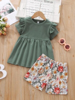 Toddler Girls Ruffle Trim Peplum Top & Floral Print Shorts