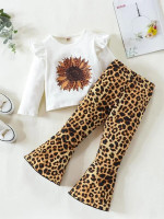 Toddler Girls Leopard Sunflower Print Ruffle Trim Top & Flare Leg Pants