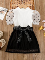 Toddler Girls Dobby Mesh Puff Sleeve Top & Belted Skirt