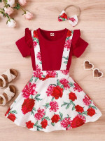 Toddler Girls Ruffle Trim Tee & Floral Print Pinafore Skirt & Headband