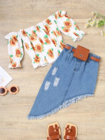 Toddler Girls Sunflower Print Top & Ripped Asymmetrical Hem Belted Denim Skirt