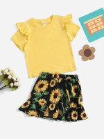 Toddler Girls Ruffle Armhole Top & Sunflower Print Skirt Set