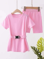 Toddler Girls Solid Longline Belted Tee & Shorts