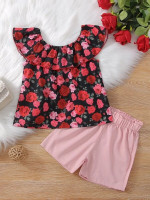 Toddler Girl Floral Print Ruffle Trim Top & Paper Bag Waist Shorts