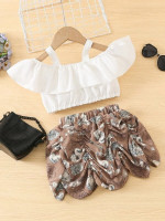 Toddler Girls Ruffle Trim Cold Shoulder Crop Top & Floral Ruched Skirt
