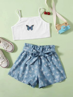 Toddler Girls Butterfly Print Cami Top & Paper Bag Waist Belted Shorts