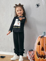 Toddler Girls Halloween Slogan And Ghost Print Tee & Layered Ruffle Trim Pants