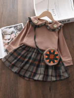 Toddler Girls Floral Embroidered Top & Plaid Skirt With Bag