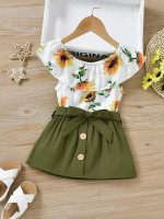 Toddler Girls Sunflower Print Ruffle Trim Top & Fake Button Belted Skirt