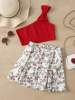 Toddler Girls One Shoulder Bow Detail Top & Floral Print Skirt Set