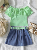 Toddler Girls Bow Front Tee With Belted Denim Shorts