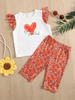 Toddler Girls Heart and Letter Print Ruffle Armhole Top & Pants Set