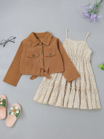 Toddler Girls Button Up Tie Hem Jacket & Ditsy Floral Print Ruffle Hem Cami Dress