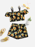 Toddler Girls Floral Print Cold Shoulder Top & Shorts Set