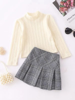 Toddler Girls Solid Mock Neck Top & Plaid Pleated Skirt