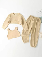 Toddler Girls Solid High Low Hem Pullover & Sweatpants With Crop Tank Top