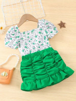Toddler Girls Floral Print Puff Sleeve Top & Ruched Ruffle Hem Skirt