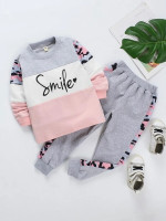 Toddler Girls Color-block Letter And Camo Print Pullover & Sweatpants