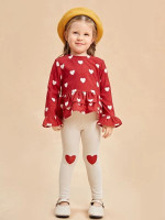 Toddler Girls Heart Print Flounce Sleeve Tiered Layer Peplum Top & Leggings
