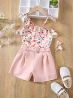 Toddler Girls Floral Print Asymmetrical Neck Ruffle Trim Top & Belted Shorts