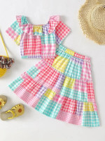 Toddler Girls Gingham Print Colorblock Ruffle Trim Top & Skirt
