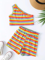 Toddler Girls Rainbow Striped One Shoulder Top With Shorts