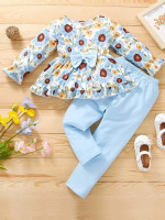 Toddler Girls Floral Print Bow Front Flounce Sleeve Top & Leggings