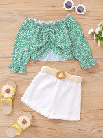 Toddler Girls Ditsy Floral Flounce Sleeve Ruched Top & Belted Shorts