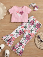 Toddler Girls Heart Embroidery Tee & Floral Print Flare Leg Pants With Headband